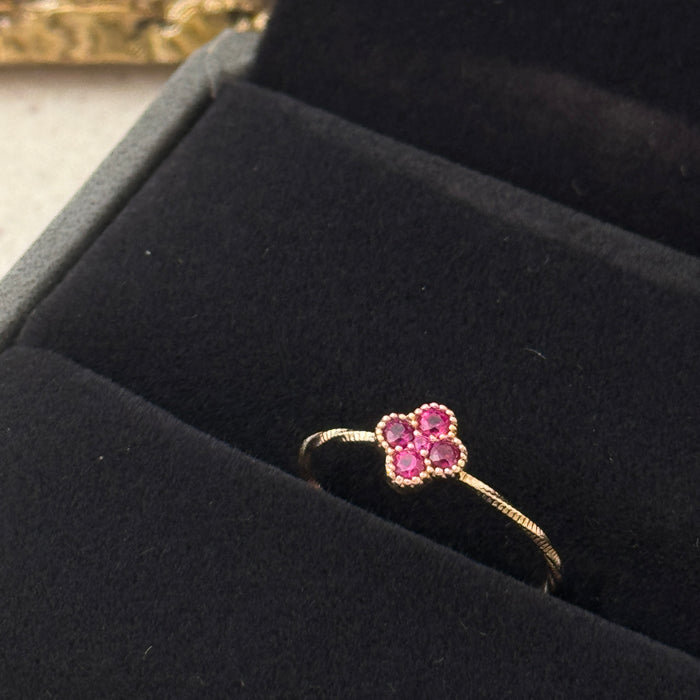 14K Yellow Gold Red Clover Flower Ring