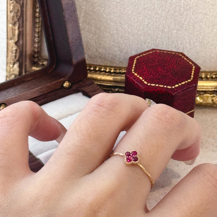 14K Yellow Gold Red Clover Flower Ring