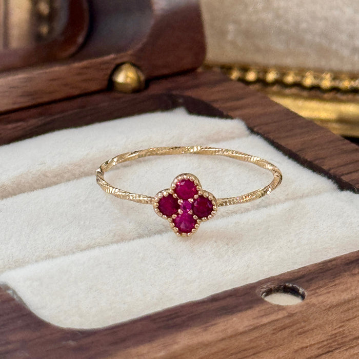 14K Yellow Gold Red Clover Flower Ring