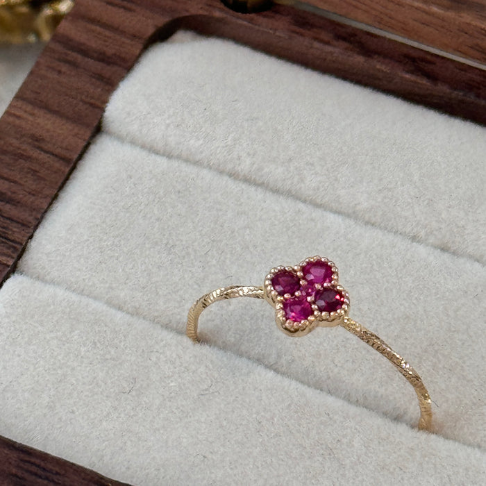 14K Yellow Gold Red Clover Flower Ring