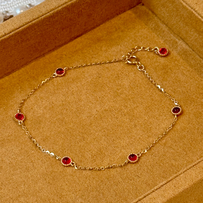 14K Yellow Gold Red Gems Bezels Charms Bracelets
