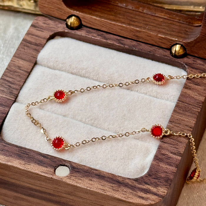 14K Yellow Gold Red Gems Bezels Charms Bracelets