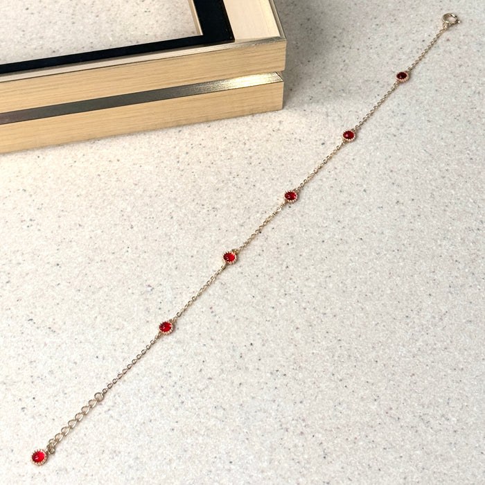 14K Yellow Gold Red Gems Bezels Charms Bracelets