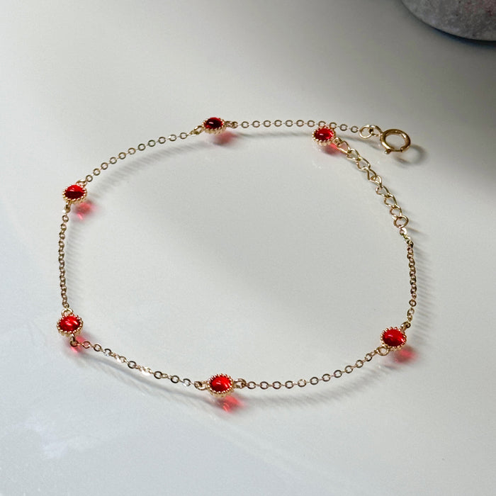 14K Yellow Gold Red Gems Bezels Charms Bracelets