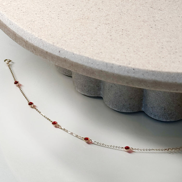 14K Yellow Gold Red Gems Bezels Charms Bracelets