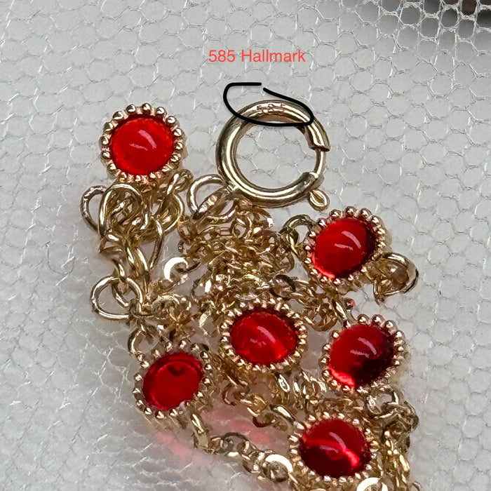 14K Yellow Gold Red Gems Bezels Charms Bracelets
