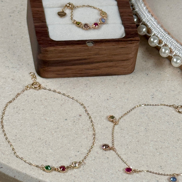 (PREORDER) 14K Yellow Gold Three Stones Colourful Stacking Bracelet