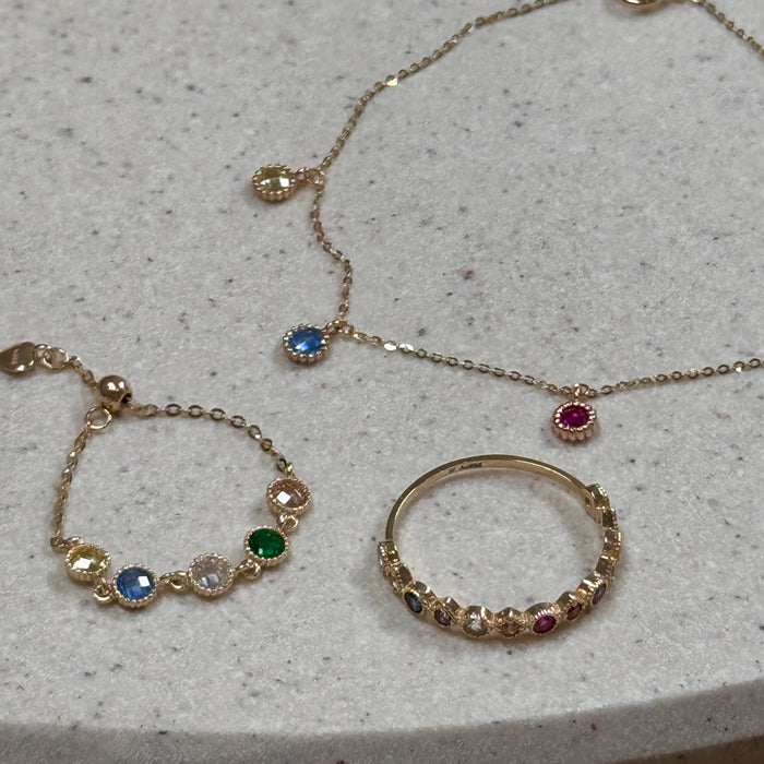 14K Yellow Gold Rainbow Gems Bezels Charms Bracelet
