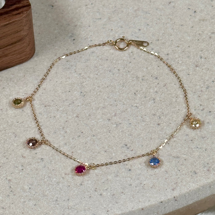 14K Yellow Gold Rainbow Gems Bezels Charms Bracelet