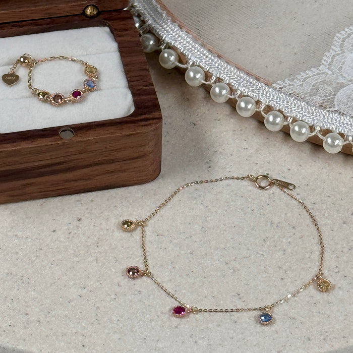 14K Yellow Gold Rainbow Gems Bezels Charms Bracelet