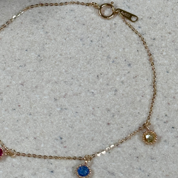 14K Yellow Gold Rainbow Gems Bezels Charms Bracelet
