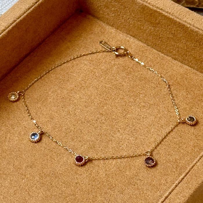 14K Yellow Gold Rainbow Gems Bezels Charms Bracelet