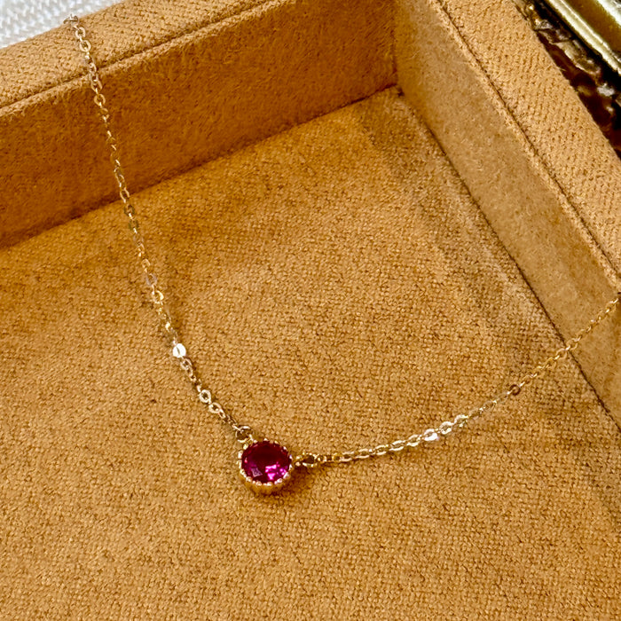 14K Yellow Gold Red Gems Birthstone Bezel Necklace