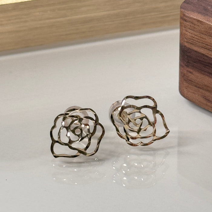 10K Yellow Gold Flower Rose Stud Earring