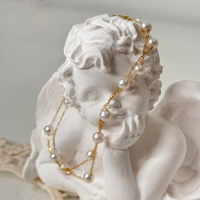 18K Yellow Gold Freshwater Pearl Chain Layered Bead Bracelet