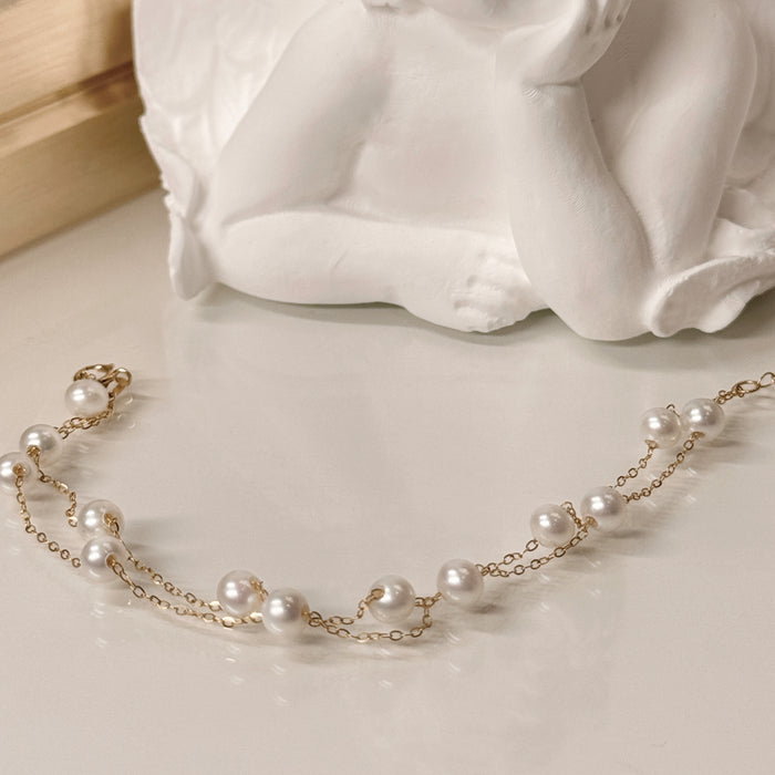18K Yellow Gold Freshwater Pearl Chain Layered Bead Bracelet