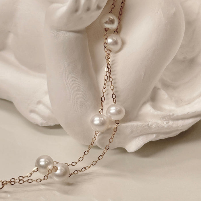 18K Yellow Gold Freshwater Pearl Chain Layered Bead Bracelet