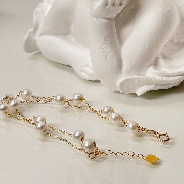 18K Yellow Gold Freshwater Pearl Chain Layered Bead Bracelet
