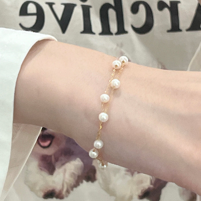 18K Yellow Gold Freshwater Pearl Chain Layered Bead Bracelet