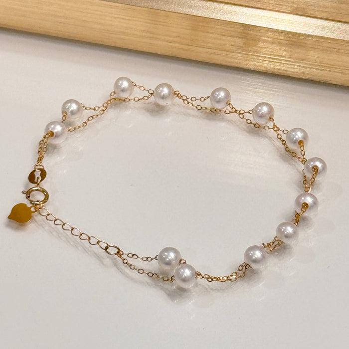 18K Yellow Gold Freshwater Pearl Chain Layered Bead Bracelet