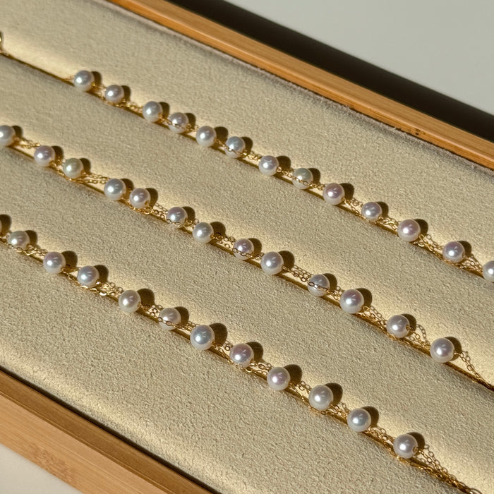 18K Yellow Gold Freshwater Pearl Chain Layered Bead Bracelet