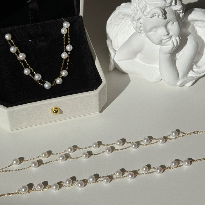 18K Yellow Gold Freshwater Pearl Chain Layered Bead Bracelet