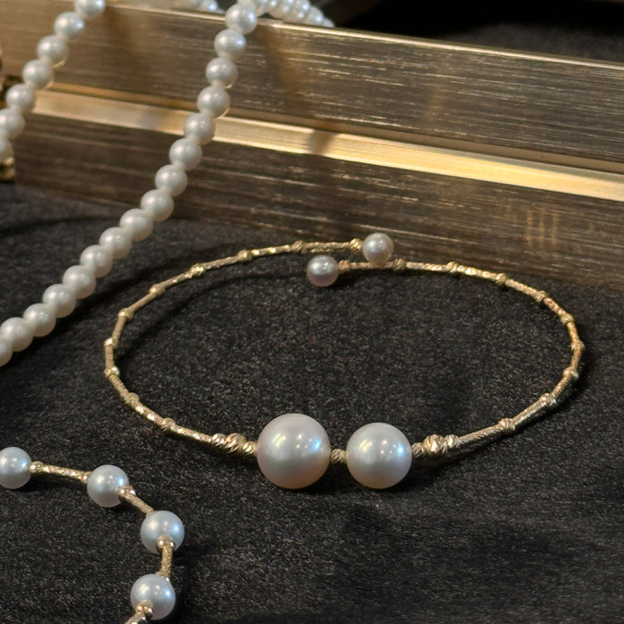 (PREORDER) 14K Yellow Gold Two Freshwater Pearl Bracelet Bangle with GRC Certificate