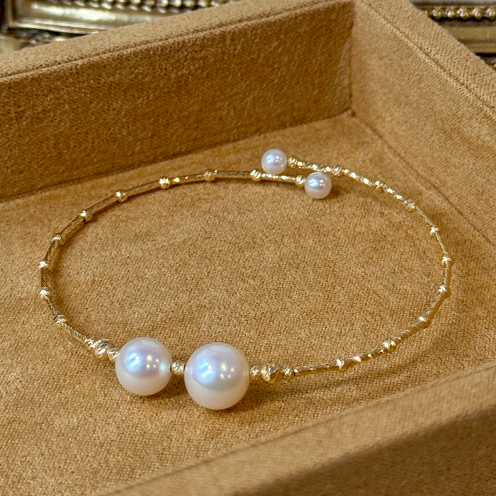 (PREORDER) 14K Yellow Gold Two Freshwater Pearl Bracelet Bangle with GRC Certificate