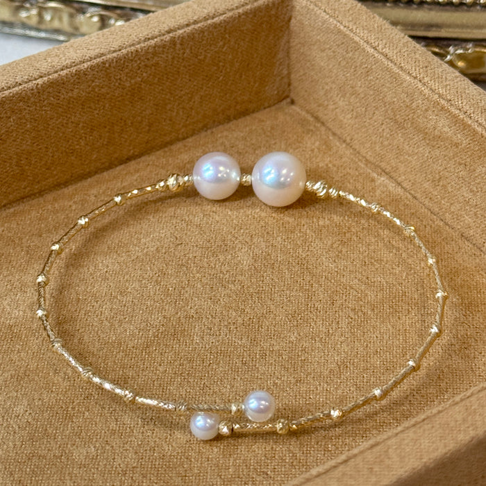 (PREORDER) 14K Yellow Gold Two Freshwater Pearl Bracelet Bangle with GRC Certificate