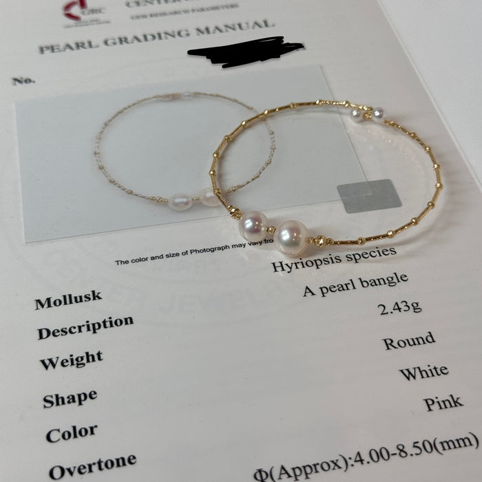 (PREORDER) 14K Yellow Gold Two Freshwater Pearl Bracelet Bangle with GRC Certificate