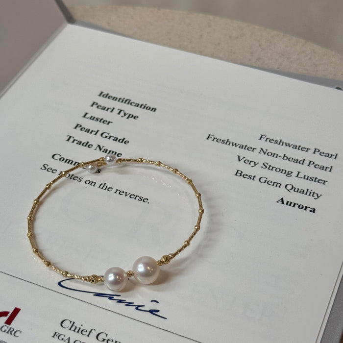 (PREORDER) 14K Yellow Gold Two Freshwater Pearl Bracelet Bangle with GRC Certificate