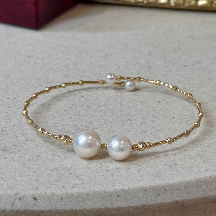 (PREORDER) 14K Yellow Gold Two Freshwater Pearl Bracelet Bangle with GRC Certificate