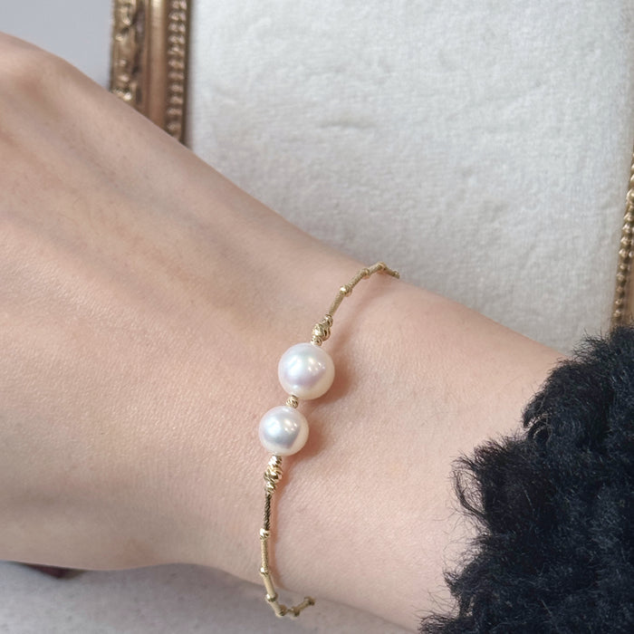 (PREORDER) 14K Yellow Gold Two Freshwater Pearl Bracelet Bangle with GRC Certificate