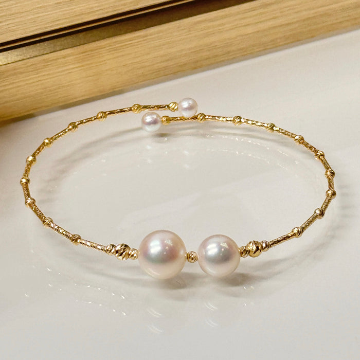 (PREORDER) 14K Yellow Gold Two Freshwater Pearl Bracelet Bangle with GRC Certificate