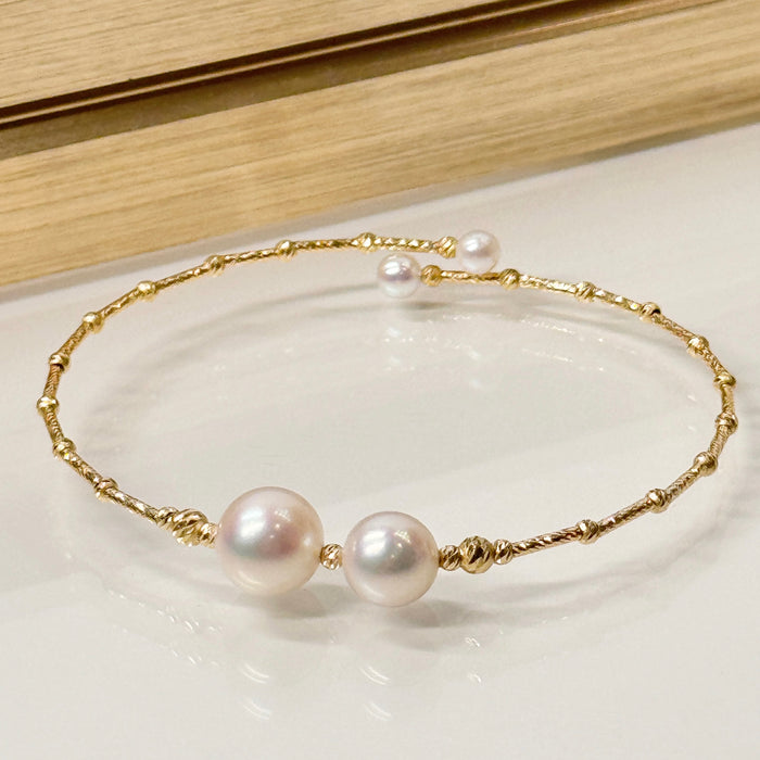 (PREORDER) 14K Yellow Gold Two Freshwater Pearl Bracelet Bangle with GRC Certificate