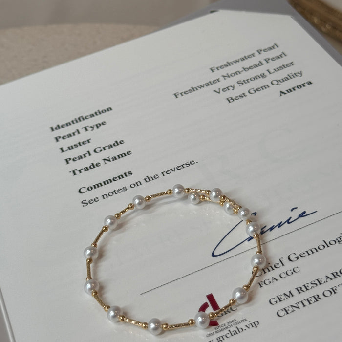 14K Yellow Gold Freshwater Non-bead Pearl Bracelet Bangle with GRC Certificate