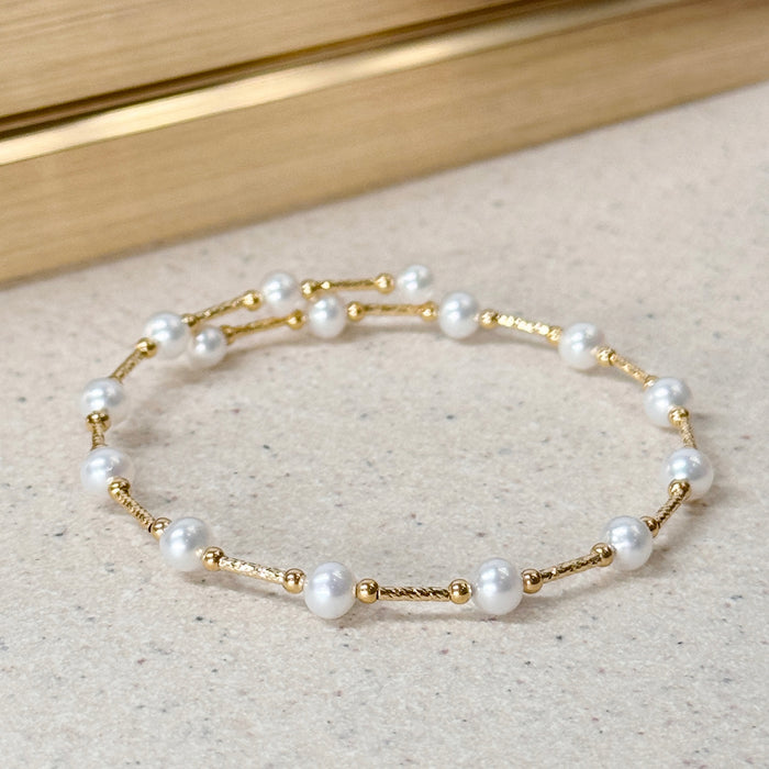14K Yellow Gold Freshwater Non-bead Pearl Bracelet Bangle with GRC Certificate
