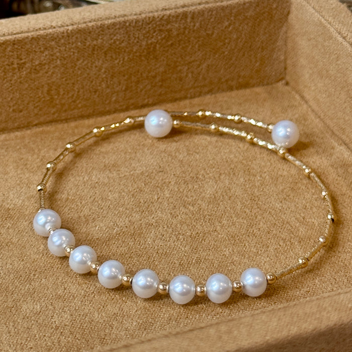 14K Yellow Gold Freshwater Pearl Bracelet Bangle with GRC Certificate