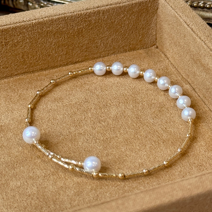 14K Yellow Gold Freshwater Pearl Bracelet Bangle with GRC Certificate