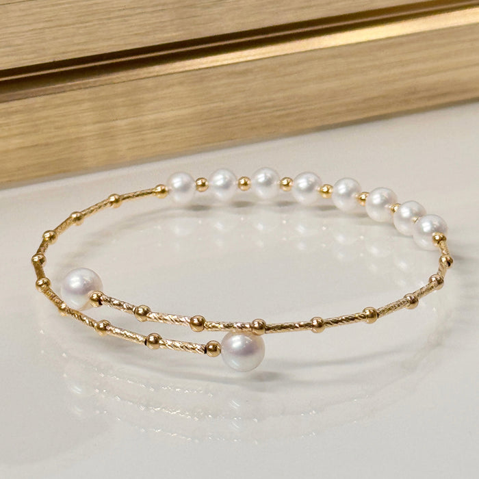 14K Yellow Gold Freshwater Pearl Bracelet Bangle with GRC Certificate