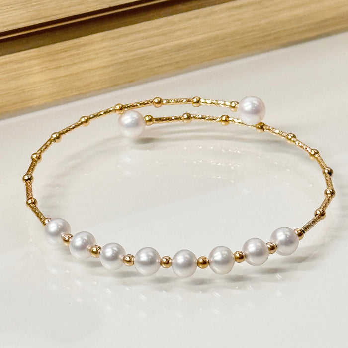 14K Yellow Gold Freshwater Pearl Bracelet Bangle with GRC Certificate
