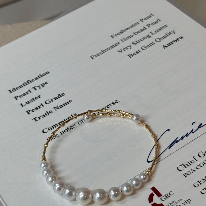 14K Yellow Gold Freshwater Non-bead Pearl Bracelet Bangle with GRC Certificate
