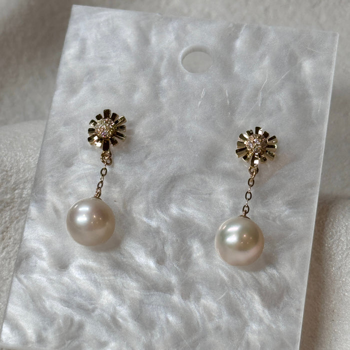 10K Yellow Gold Flower Drop Fine Freshwater Pearl Earring with GRC Certificate