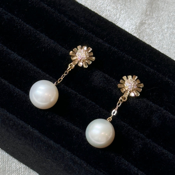10K Yellow Gold Flower Drop Fine Freshwater Pearl Earring with GRC Certificate