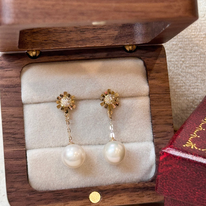 10K Yellow Gold Flower Drop Fine Freshwater Pearl Earring with GRC Certificate