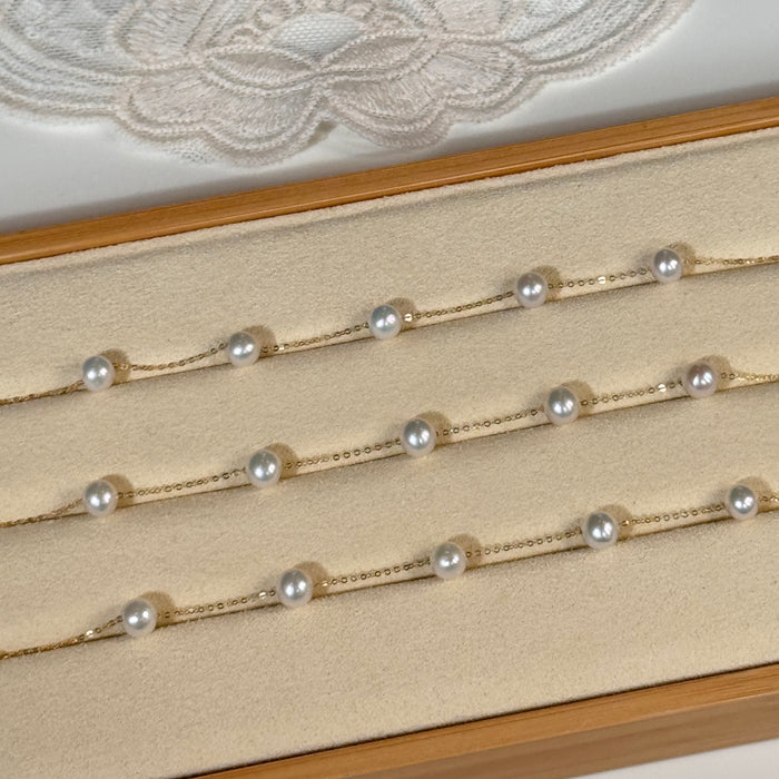 18K Yellow Gold Freshwater Pearl Chain Bead Bracelet