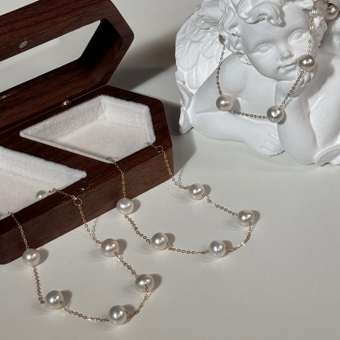 18K Yellow Gold Freshwater Pearl Chain Bead Bracelet