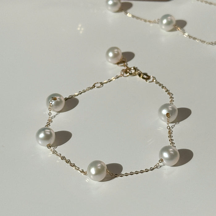 18K Yellow Gold Freshwater Pearl Chain Bead Bracelet