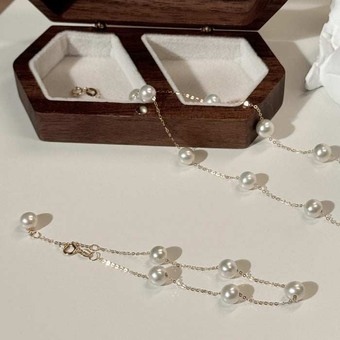18K Yellow Gold Freshwater Pearl Chain Bead Bracelet