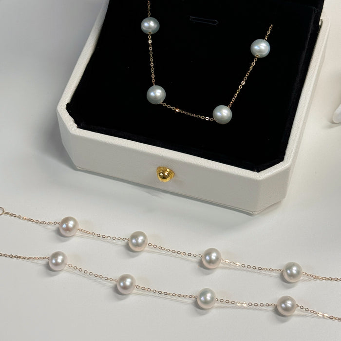 18K Yellow Gold Freshwater Pearl Chain Bead Bracelet